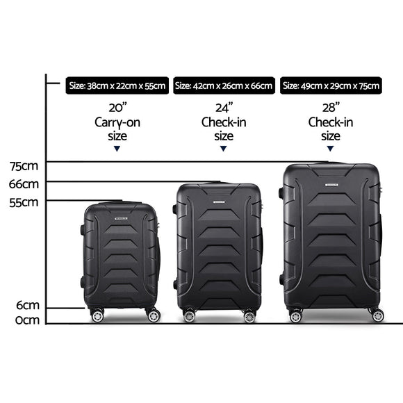Wanderlite 3pc Luggage Trolley Travel Suitcase Set TSA Hard Case Lightweight Black - RnR Galore