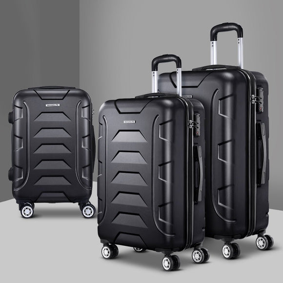Wanderlite 3pc Luggage Trolley Travel Suitcase Set TSA Hard Case Lightweight Black - RnR Galore