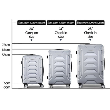 Wanderlite 3pc Luggage Trolley Travel Suitcase Set TSA Hard Case Shell Strap Silver - RnR Galore