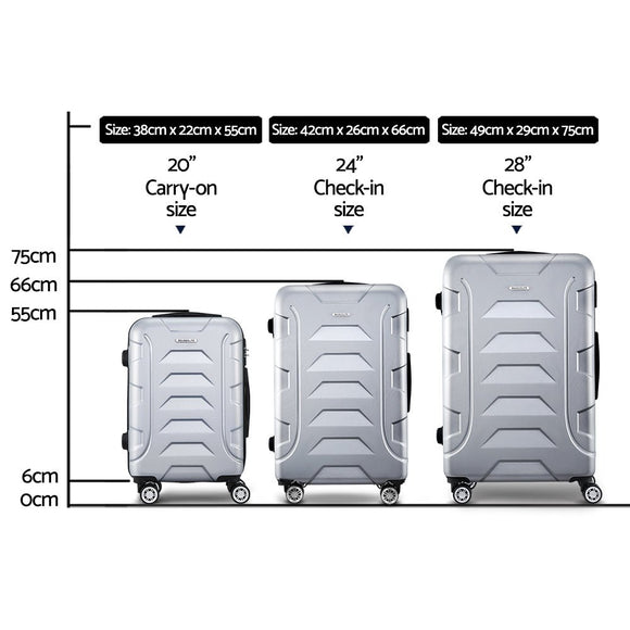 Wanderlite 3pc Luggage Trolley Travel Suitcase Set TSA Hard Case Shell Strap Silver - RnR Galore