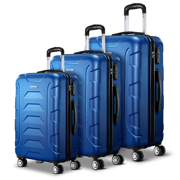 Wanderlite 3pc Luggage Trolley Travel Suitcase Set TSA Hard Shell Case Strap Blue - RnR Galore