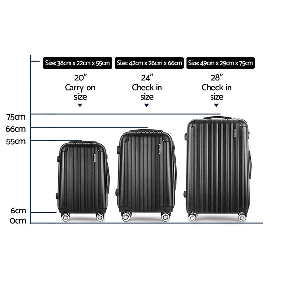 Wanderlite 3pcs LuggageTrolley Set Travel Suitcase Storage Organiser Carry On Hard Case TSA Lightweight Black - RnR Galore