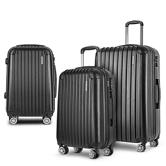 Wanderlite 3pcs LuggageTrolley Set Travel Suitcase Storage Organiser Carry On Hard Case TSA Lightweight Black - RnR Galore