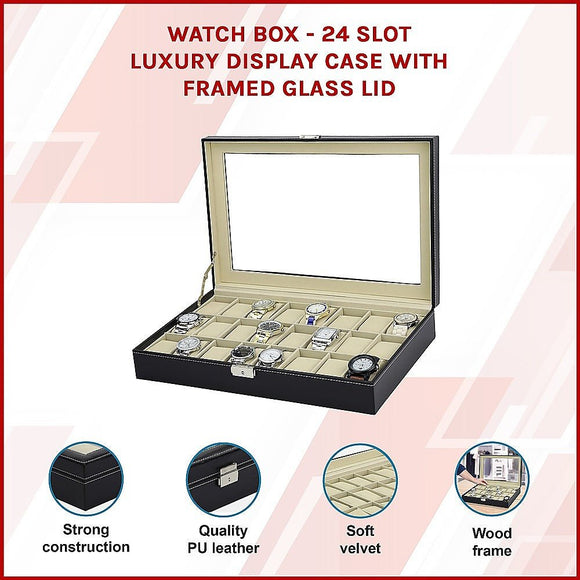Watch Box - 24 Slot Luxury Display Case With Framed Glass Lid - RnR Galore