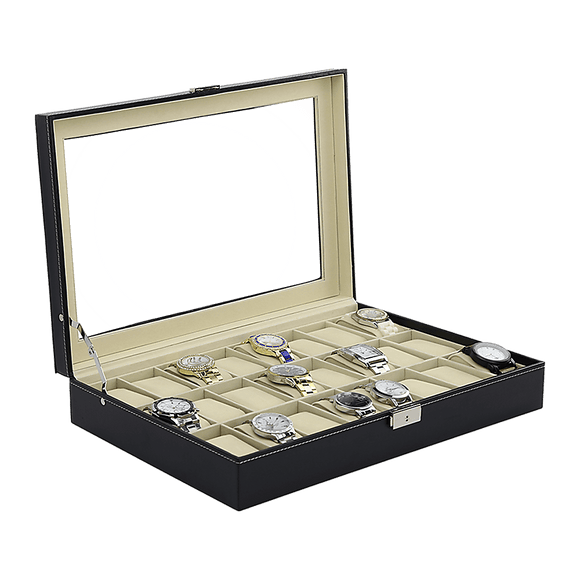 Watch Box - 24 Slot Luxury Display Case With Framed Glass Lid - RnR Galore