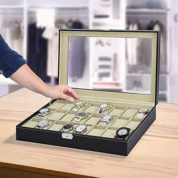 Watch Box - 24 Slot Luxury Display Case With Framed Glass Lid - RnR Galore