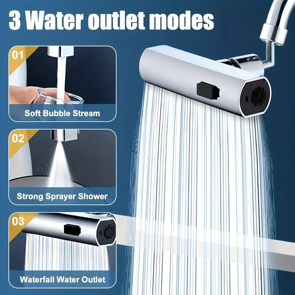Waterfall Kitchen Tap Extender 360 Swivel Faucet Aerator Attachment 3 Spray Modes High Pressure Splash Proof Sink Nozzle with Universal Adapters Chrome Finish - RnR Galore