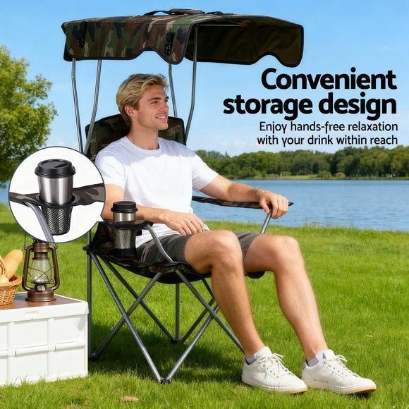 Weisshorn Camping Chair With Canopy Folding Outdoor Portable Seat Lightweight Beach Picnic Fishing Capacity 120KG Army Green - RnR Galore