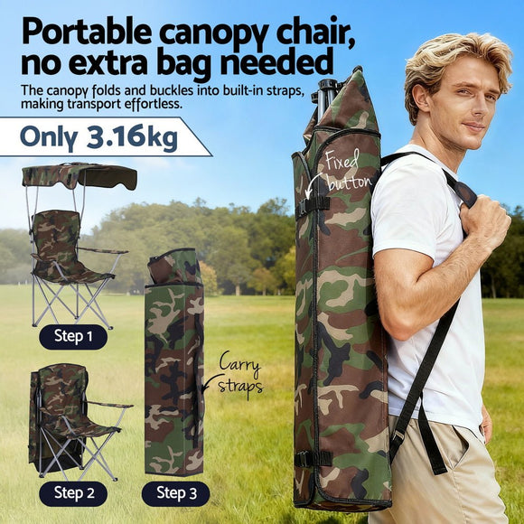 Weisshorn Camping Chair With Canopy Folding Outdoor Portable Seat Lightweight Beach Picnic Fishing Capacity 120KG Army Green - RnR Galore