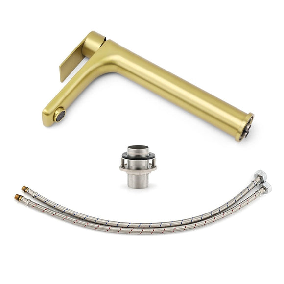 WELS Brushed Gold Round Tall Basin Mixer Bathroom Vanity Faucet Tap Lever Handle - RnR Galore