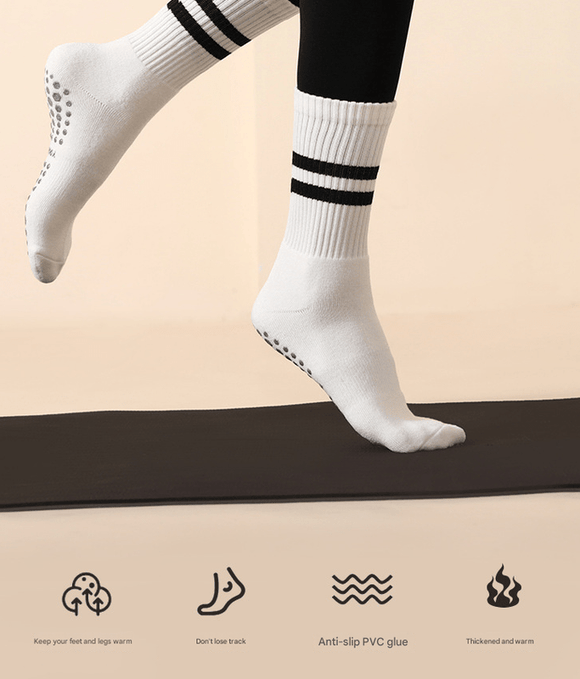 White (3 - Pack) Unisex Striped Non - Slip Grip Socks - Cotton Crew Socks for Yoga, Pilates & Home Workouts - RnR Galore