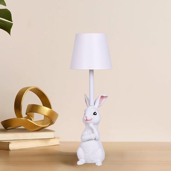 White Bunny White Lampshade Adorable Rabbit Resin Table Lamp - 3 - Color LED, USB Rechargeable, Touch Dimming - RnR Galore