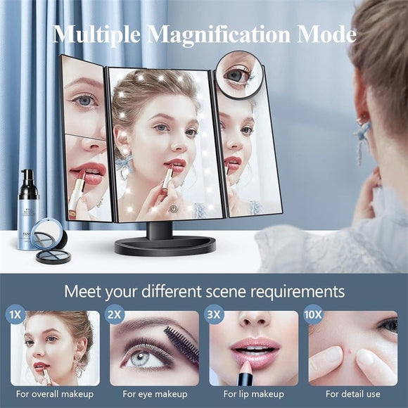 White LED Lighted Tri - Fold Vanity Mirror with 2X/3X/10X Magnification - RnR Galore