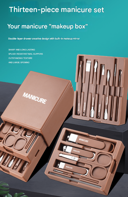 White Premium 13 - in - 1 Manicure & Grooming Kit - Professional Carbon Steel Pedicure Set with Dual - Drawer Case & Mirror - RnR Galore