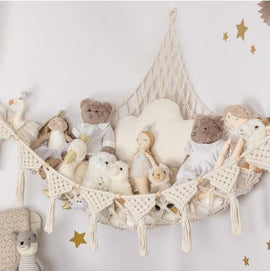 White Triangle Woven Plush Toy Corner Organizer (105x105x145cm) with octagonal beads and installation kit - Hand - woven cotton mesh toy storage hammock - RnR Galore