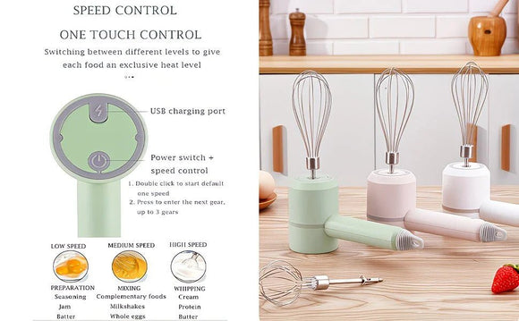 White Wireless charging handheld mixer, 30W with three - speed settings. Dual whisk heads designed for whipping eggs, cream, and batter. Suitable for both kitchen and outdoor use, also an ideal gift. - RnR Galore