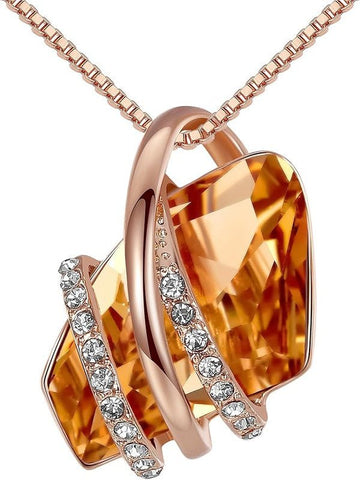 Wish Stone Pendant Necklace, Necklaces for Women with Birthstone Crystals, Allergy - Free Jewelry for Women with Gift Box, 26K Rose Gold Plated or Silver - tone Birthstone Necklace for Women - 11 - November Birthstone - Amber Brown - RnR Galore