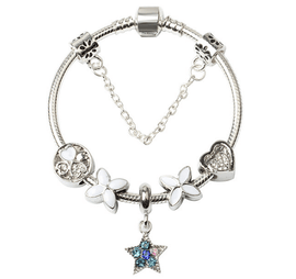 Women Silver Plated Bracelet Snake Chain with Classic Bead Barrel Clasp and Blue Star Pendant(20cm) - RnR Galore