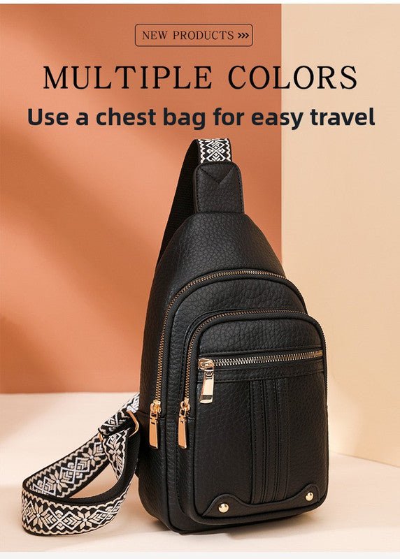 Women's Soft PU Leather Sling Bag Crossbody Chest Purse with Adjustable Boho Strap - Lightweight Multi - Pocket Shoulder Daypack for Travel & Daily Use - Black - RnR Galore