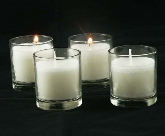 10 White Wax Clear Glass Holder Votive Candle - Wedding Event Centrepiece Table Decoration - RnR Galore