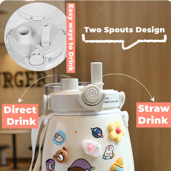 1000ml Large Water Bottle Stainless Steel Straw Water Jug with FREE Sticker Packs (Blue) - RnR Galore