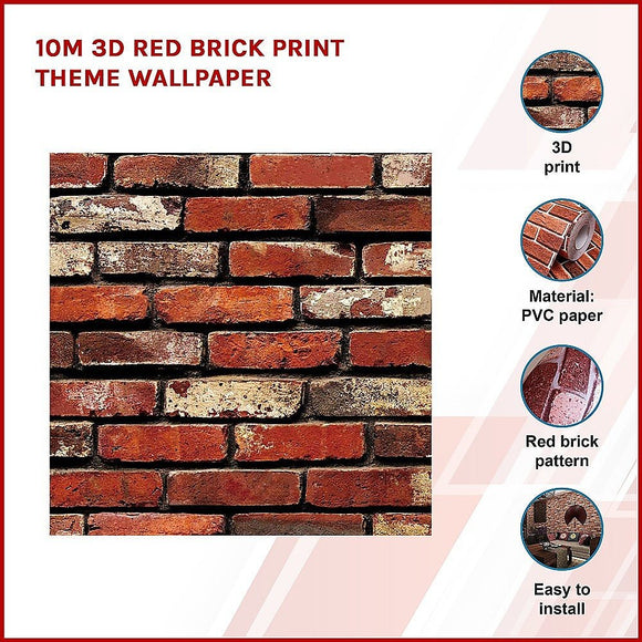 10m 3D Red Brick Print Theme Wallpaper - RnR Galore