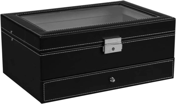 12 Slot PU Leather Lockable Watch and Jewelry Storage Boxes (Black) - RnR Galore