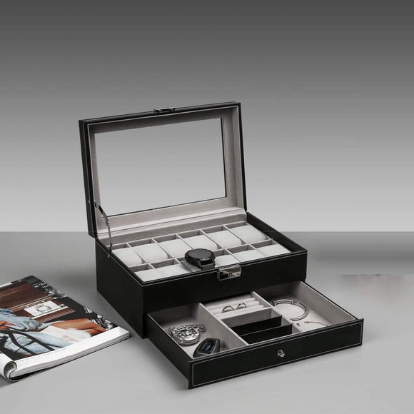 12 Slot PU Leather Lockable Watch and Jewelry Storage Boxes (Black) - RnR Galore