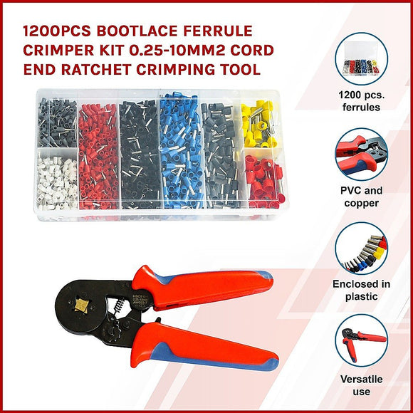 1200Pcs Bootlace Ferrule Crimper kit 0.25 - 10mm2 Cord End Ratchet Crimping Tool - RnR Galore