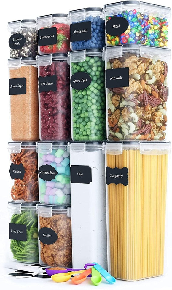 14 Pieces Airtight Food Storage and BPA Free Plastic with Easy Lock Black Lids Labels for Kitchen - RnR Galore