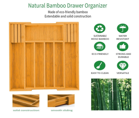 2 Pack Large Capacity Bamboo Expandable Drawer Organizer with Knife Block Holder for Home Kitchen Utensils - RnR Galore