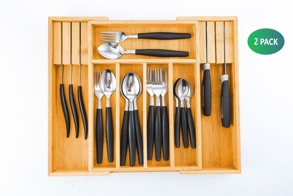 2 Pack Large Capacity Bamboo Expandable Drawer Organizer with Knife Block Holder for Home Kitchen Utensils - RnR Galore