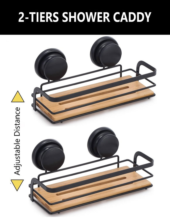 2 Pack Rectangular Bamboo Corner Shower Caddy Shelf Basket Rack with Premium Vacuum Suction Cup No - Drilling for Bathroom and Kitchen - RnR Galore