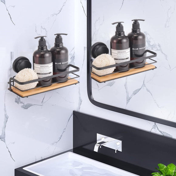 2 Pack Rectangular Bamboo Corner Shower Caddy Shelf Basket Rack with Premium Vacuum Suction Cup No - Drilling for Bathroom and Kitchen - RnR Galore