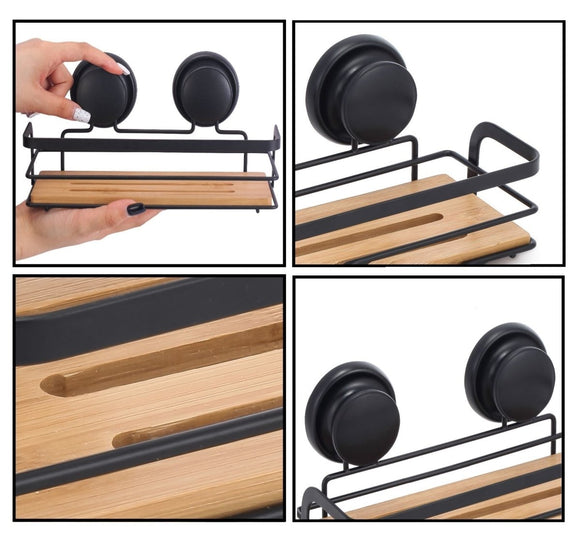 2 Pack Rectangular Bamboo Corner Shower Caddy Shelf Basket Rack with Premium Vacuum Suction Cup No - Drilling for Bathroom and Kitchen - RnR Galore