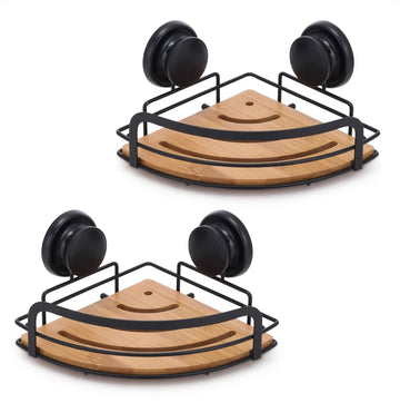 2 Pack Round Bamboo Corner Shower Caddy Shelf Basket Rack with Premium Vacuum Suction Cup No - Drilling for Bathroom and Kitchen - RnR Galore