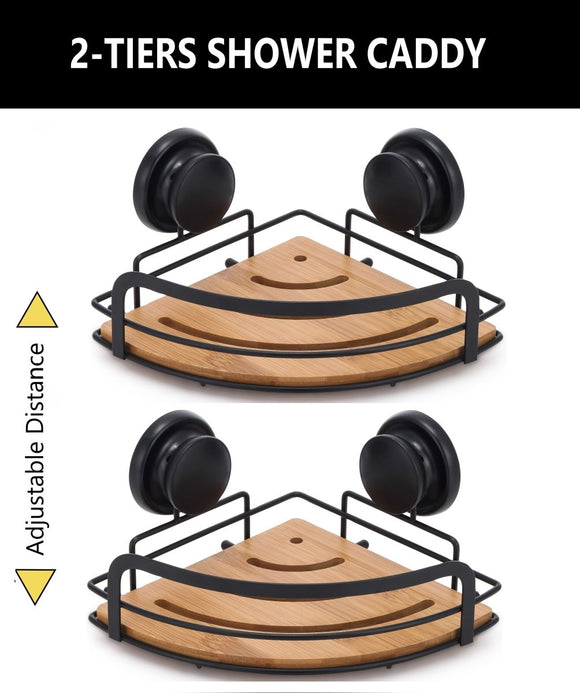 2 Pack Round Bamboo Corner Shower Caddy Shelf Basket Rack with Premium Vacuum Suction Cup No - Drilling for Bathroom and Kitchen - RnR Galore