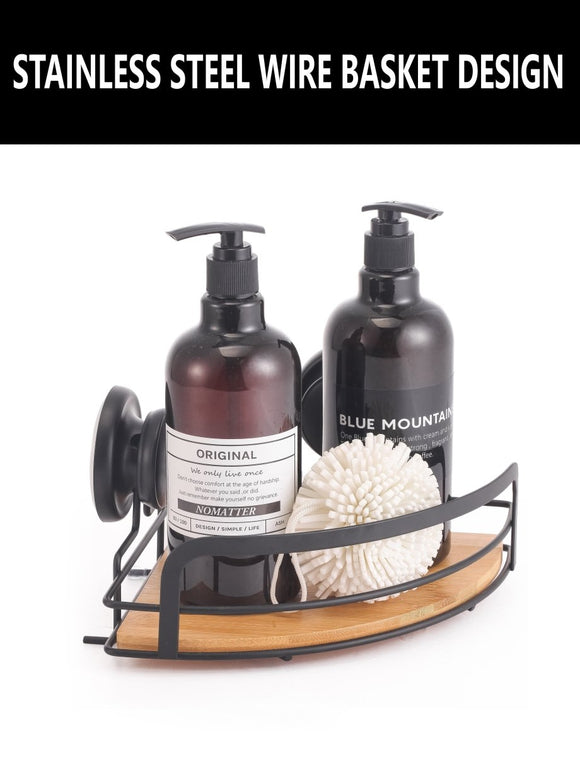 2 Pack Round Bamboo Corner Shower Caddy Shelf Basket Rack with Premium Vacuum Suction Cup No - Drilling for Bathroom and Kitchen - RnR Galore