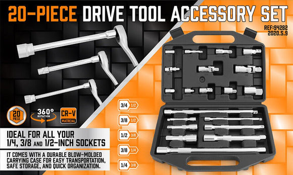 20Pc Socket Extension & Adaptor Set Flexible Joint Reducer Combination Drive Kit - RnR Galore