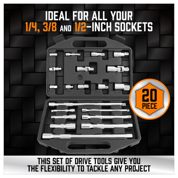 20Pc Socket Extension & Adaptor Set Flexible Joint Reducer Combination Drive Kit - RnR Galore