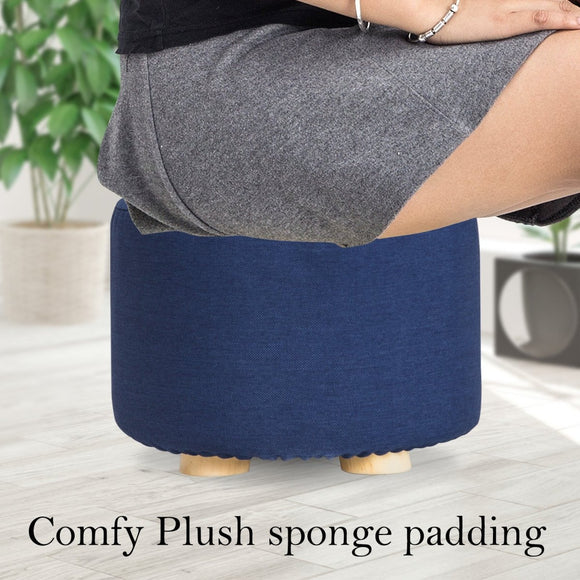 2X Fabric Ottoman Round Wooden Leg Foot Stool - DARK BLUE - RnR Galore