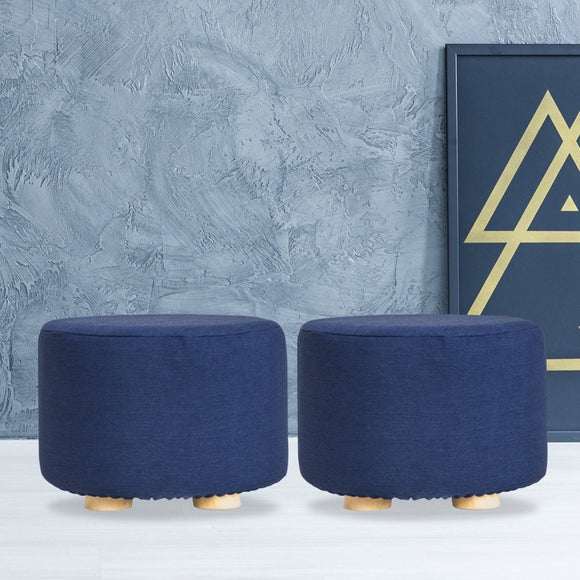 2X Fabric Ottoman Round Wooden Leg Foot Stool - DARK BLUE - RnR Galore
