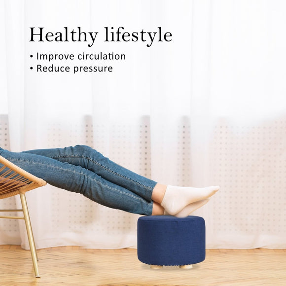2X Fabric Ottoman Round Wooden Leg Foot Stool - DARK BLUE - RnR Galore