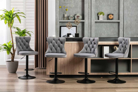 2x Height Adjustable Swivel Bar Stool Velvet Nailhead Barstool with Footrest - RnR Galore