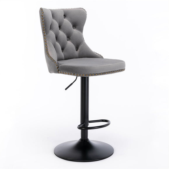 2x Height Adjustable Swivel Bar Stool Velvet Nailhead Barstool with Footrest - RnR Galore
