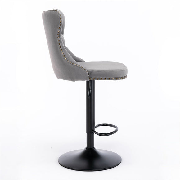 2x Height Adjustable Swivel Bar Stool Velvet Nailhead Barstool with Footrest - RnR Galore