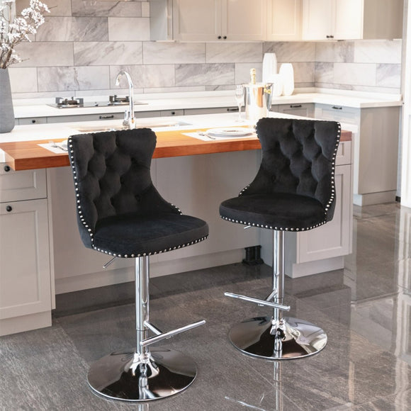 2x Height Adjustable Swivel Bar Stool Velvet Studs Barstool with Footrest and Chromed Base - Black - RnR Galore