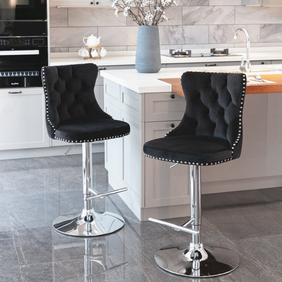 2x Height Adjustable Swivel Bar Stool Velvet Studs Barstool with Footrest and Chromed Base - Black - RnR Galore