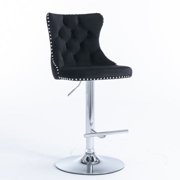 2x Height Adjustable Swivel Bar Stool Velvet Studs Barstool with Footrest and Chromed Base - Black - RnR Galore