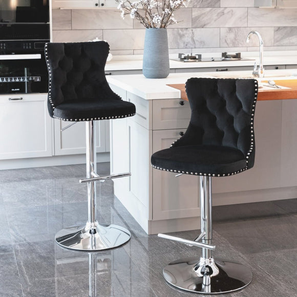 2x Height Adjustable Swivel Bar Stool Velvet Studs Barstool with Footrest and Chromed Base - Black - RnR Galore